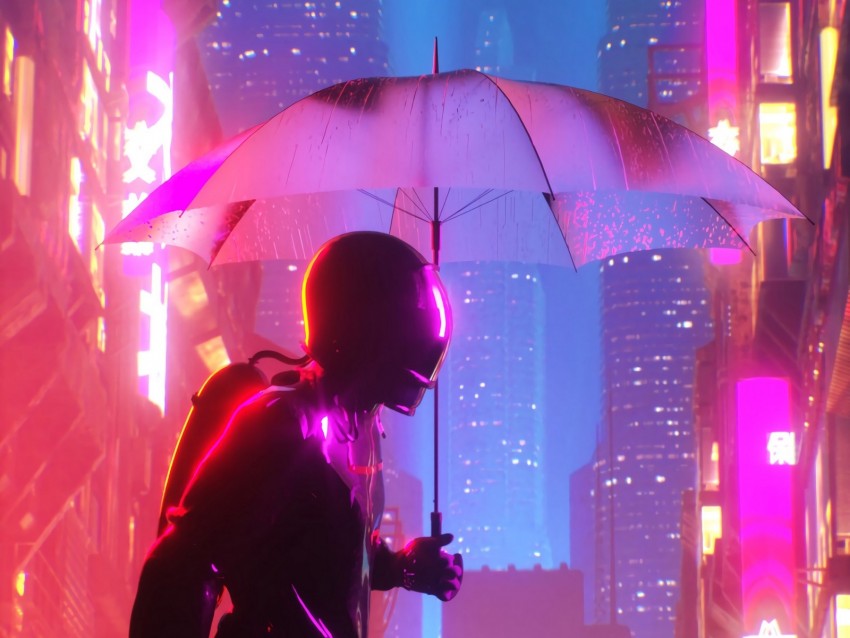 cyborg, umbrella, neon, cyberpunk, city, buildings, glow