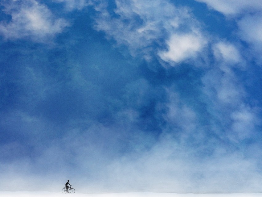 cyclist, minimalism, sky, art, clouds