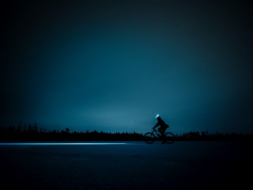 cyclist, night, bike, silhouette, light, horizon