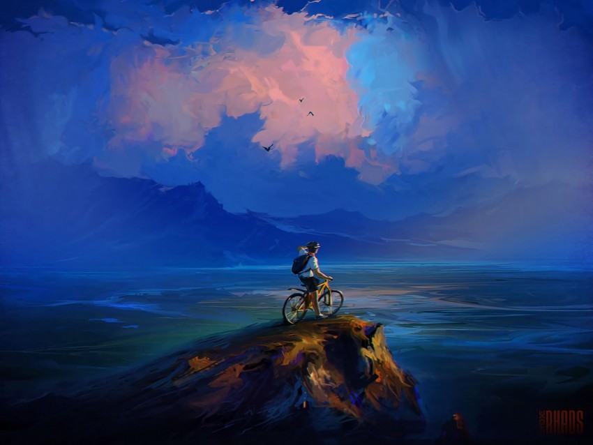 cyclist, rock, cliff, art, clouds, sea