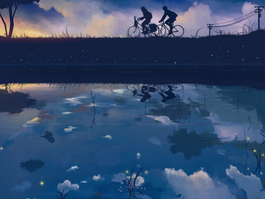 cyclists, silhouettes, art, lake, reflection, twilight