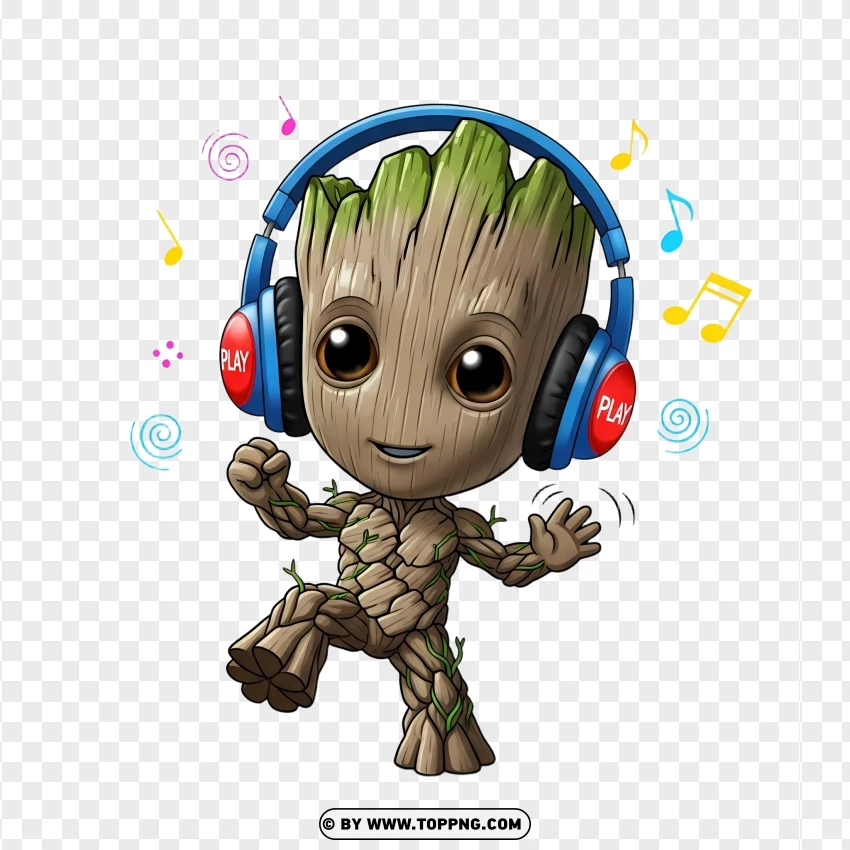 Dancing Groot With Headphones In Chibi Style PNG Transparent Background