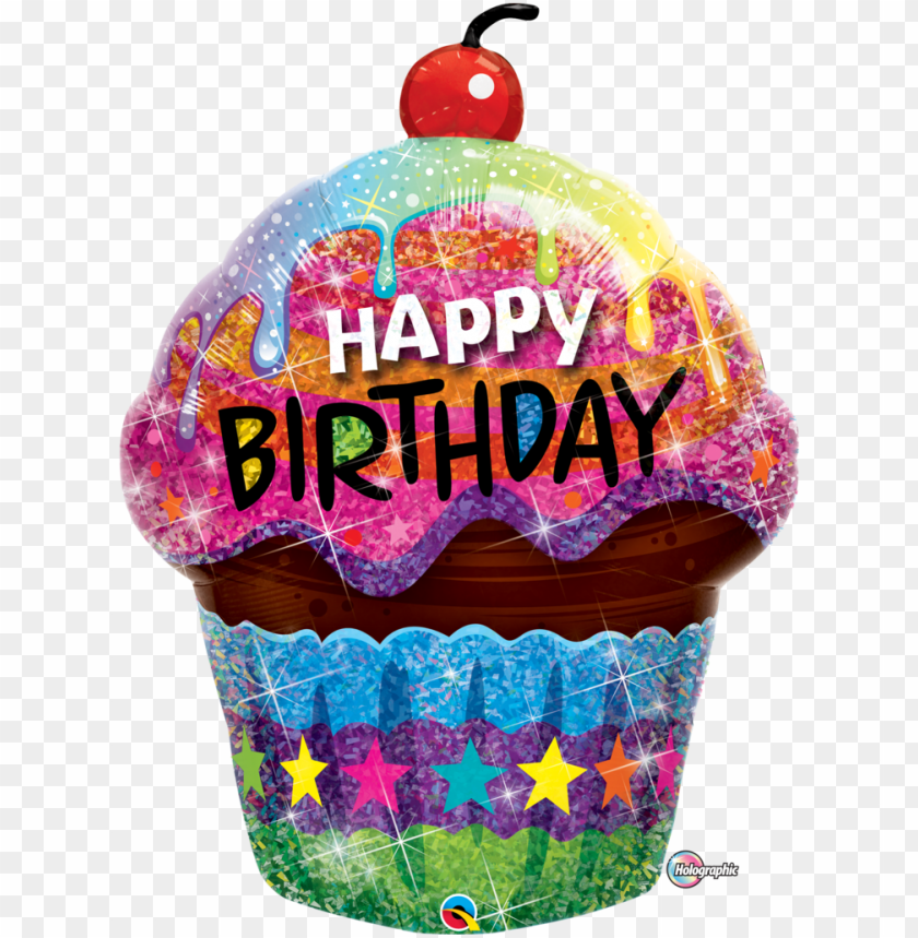 free PNG dazzling holographic birthday cupcake balloon - happy birthday cupcake foil mylar balloo PNG image with transparent background PNG images transparent