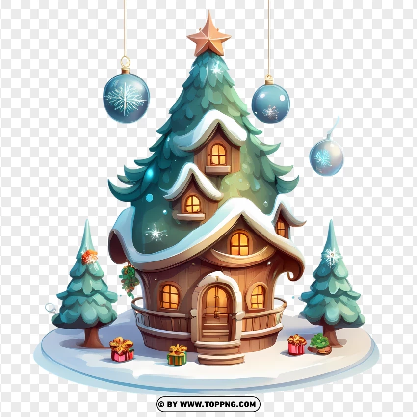 Decorated Christmas Tree With Snowy House And Gifts PNG Transparent Background