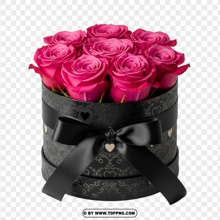 Deep Pink Roses In Black Box With Ribbon PNG Transparent Background
