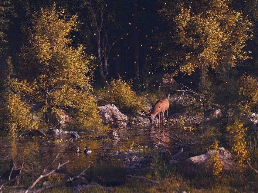 deer, forest, art, river, landscape, wildlife