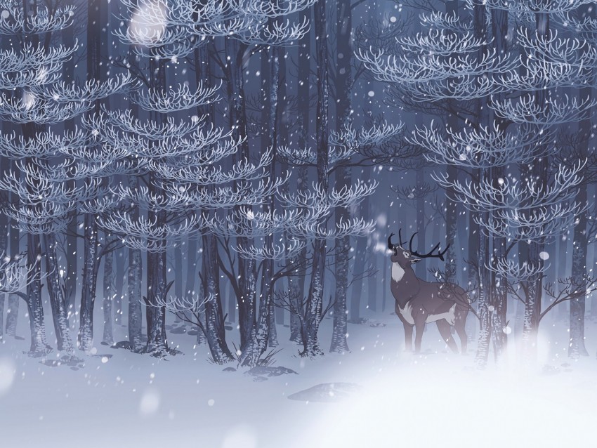 deer, forest, snow, art, wildlife
