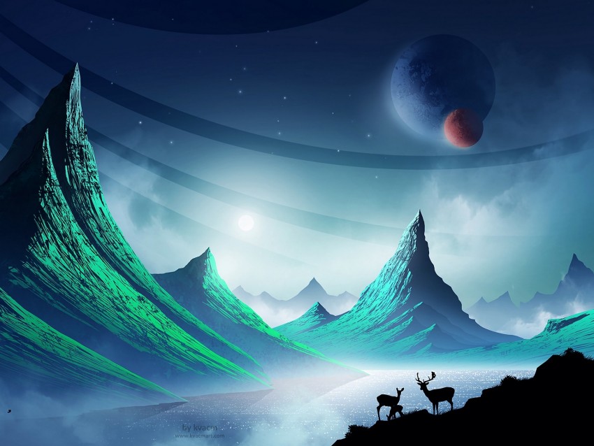 deer, mountains, art, landscape, night, space