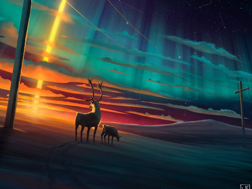 deer, night, art, starry sky, meteorite