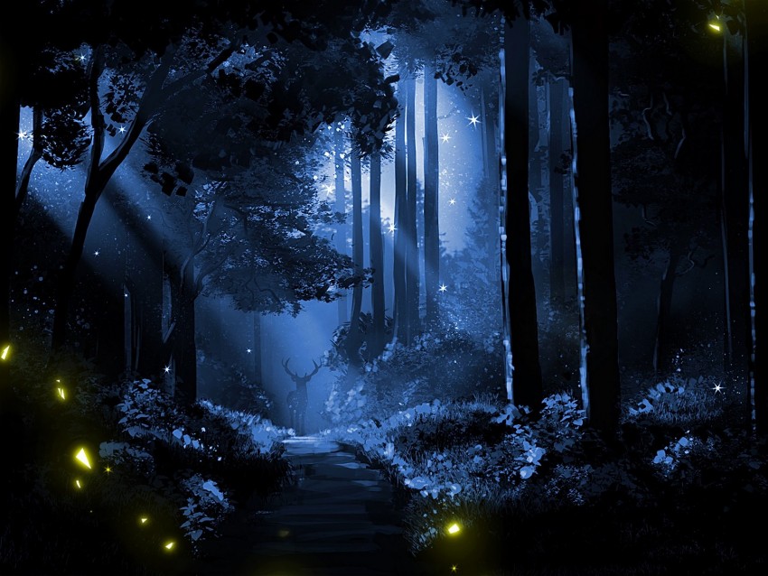 deer, silhouette, forest, art, night
