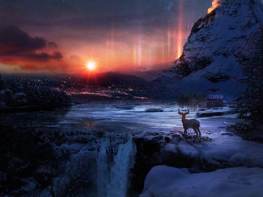 deer, winter, night, art, snow