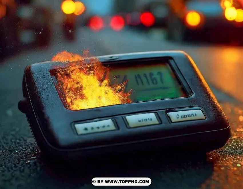 burning pager, pager explosion, fire on pager, damaged pager, pager on fire