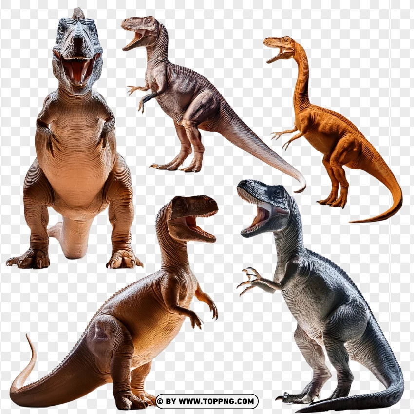 Set Of Velociraptors And Allosaurus In Various Natural Poses PNG Transparent Background