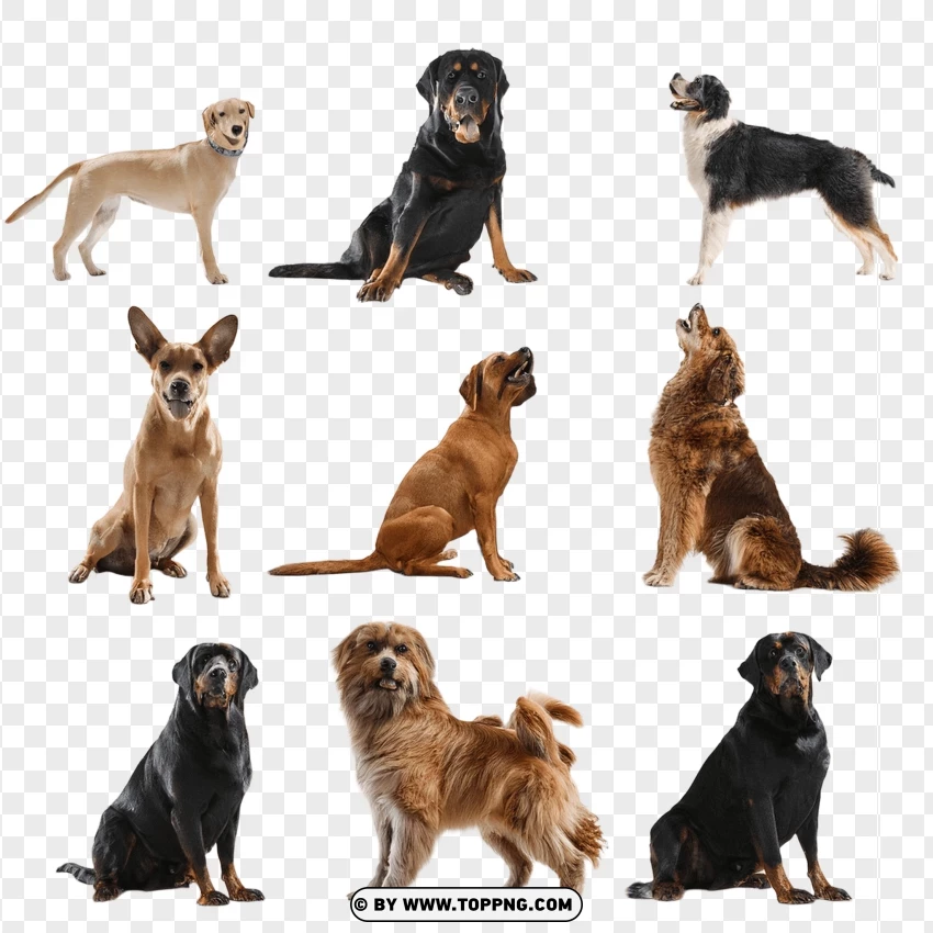 Mixed Dog Breeds Group Sitting PNG Transparent Background