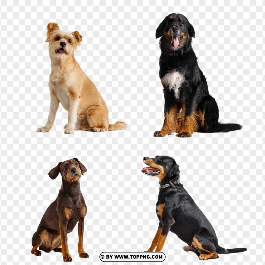 Group Of Mixed Dog Breeds Sitting PNG Transparent Background