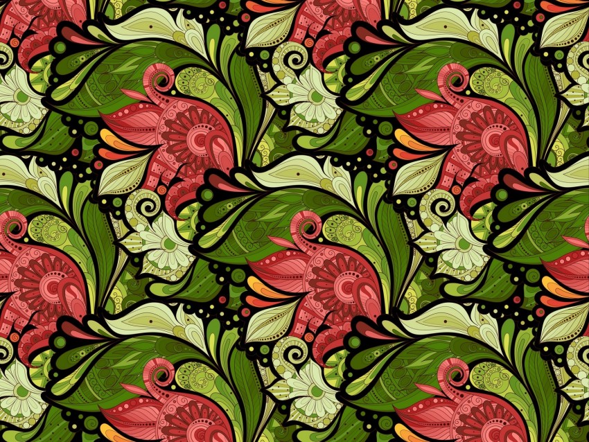 doodles, patterns, flowers, green, red