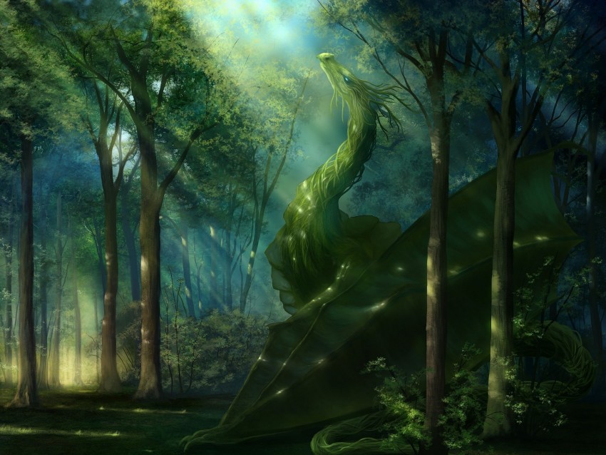 dragon, forest, art, green, sunlight