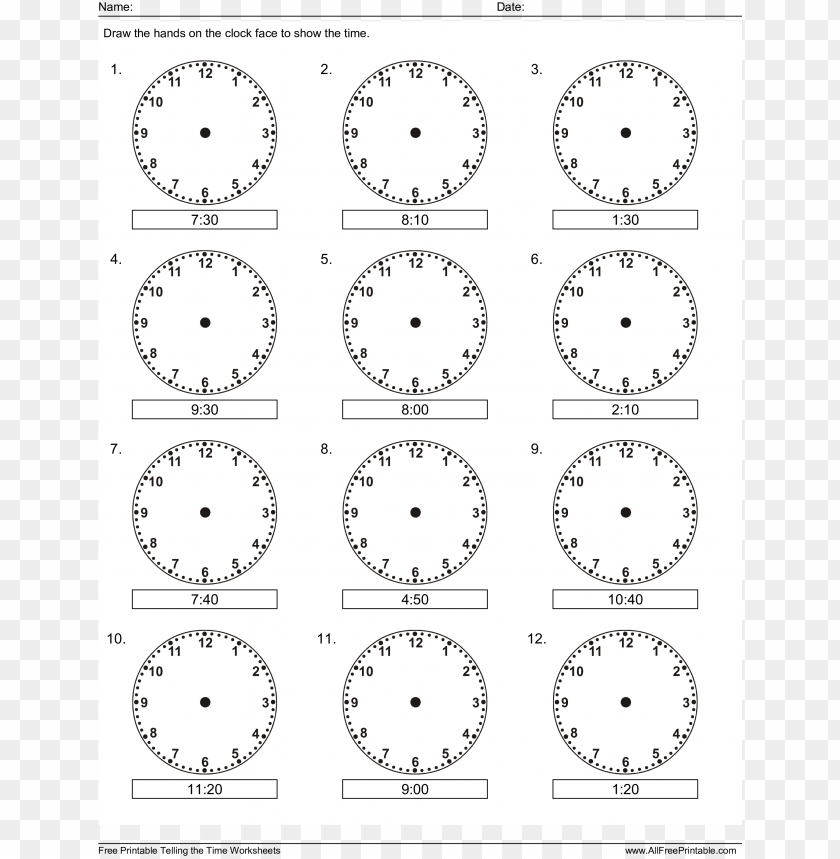 Draw The Hands On The Clock Face Worksheets PNG Transparent Background