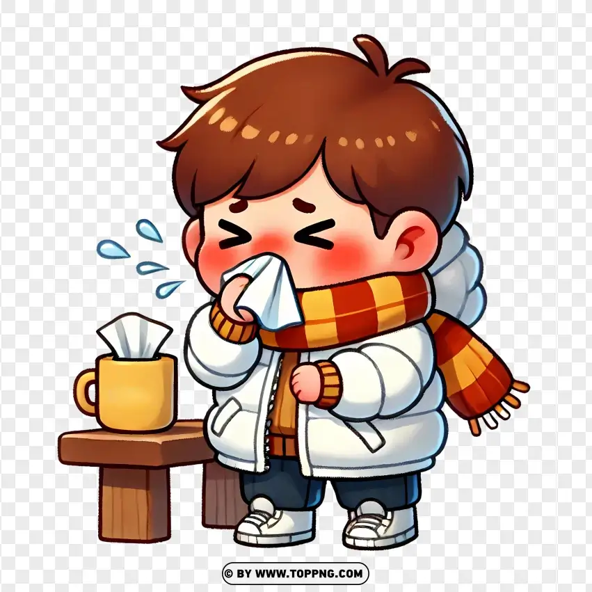 Cartoon Boy Sneezing And Drinking Tea PNG Transparent Background