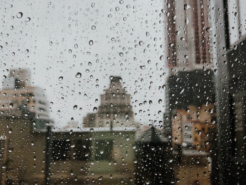 drops, rain, window, city, glass