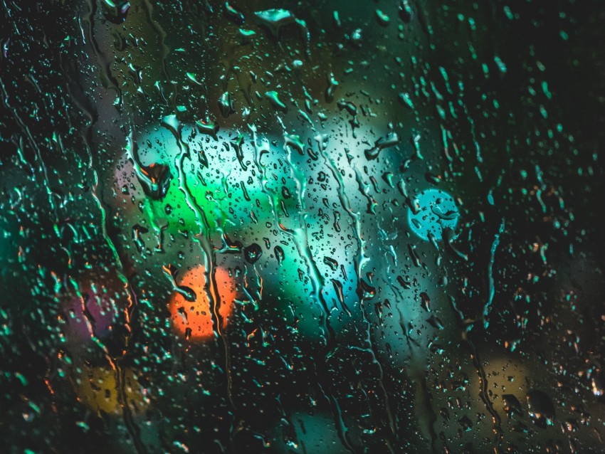 drops, wet, glass, rain, lights, bokeh