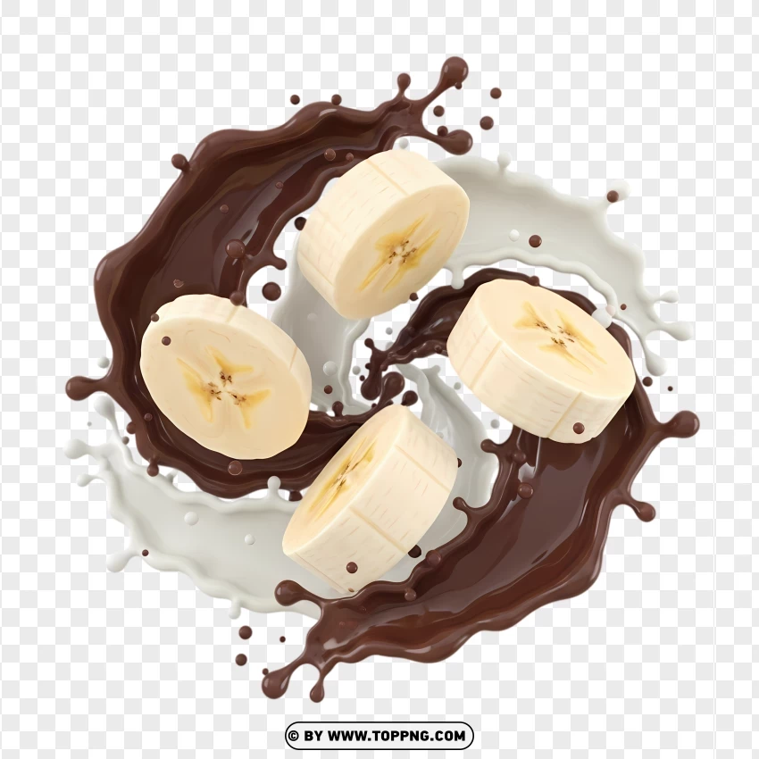 Dynamic Chocolate Milk Swirl With Floating Banana PNG Transparent Background