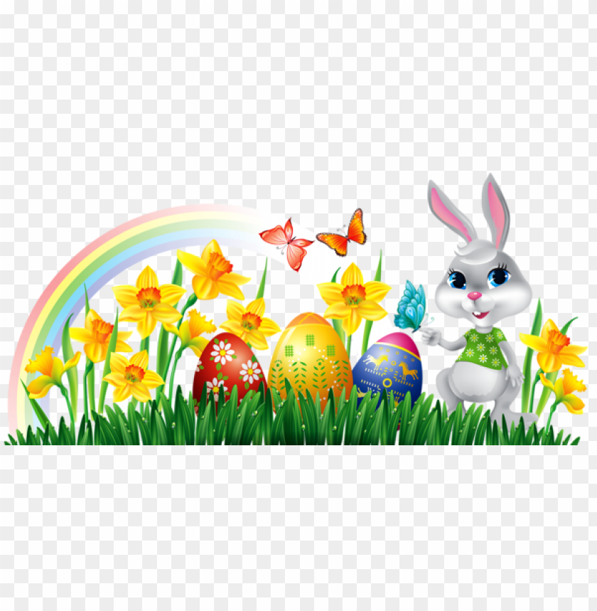 Easter Bunny With Daffodils Eggs And Grass Decorpicture Png Images Background -  Image ID Is 50731