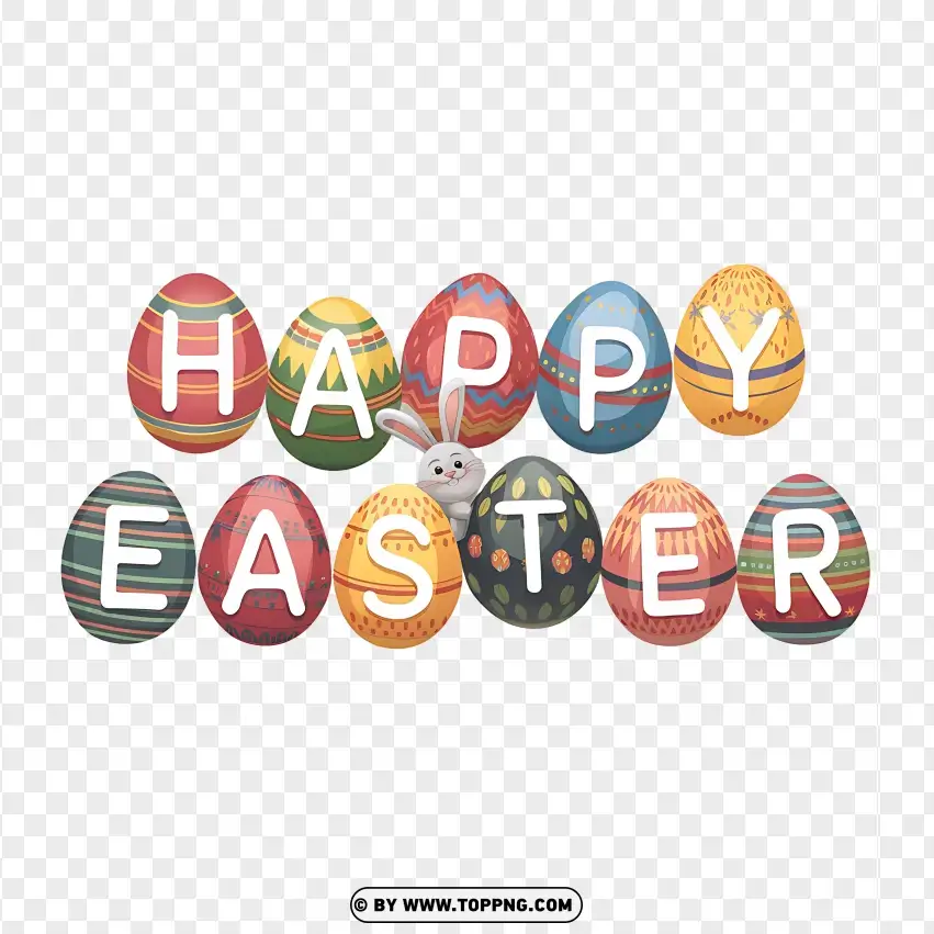 Happy Easter Typography With Colored Eggs PNG Transparent Background