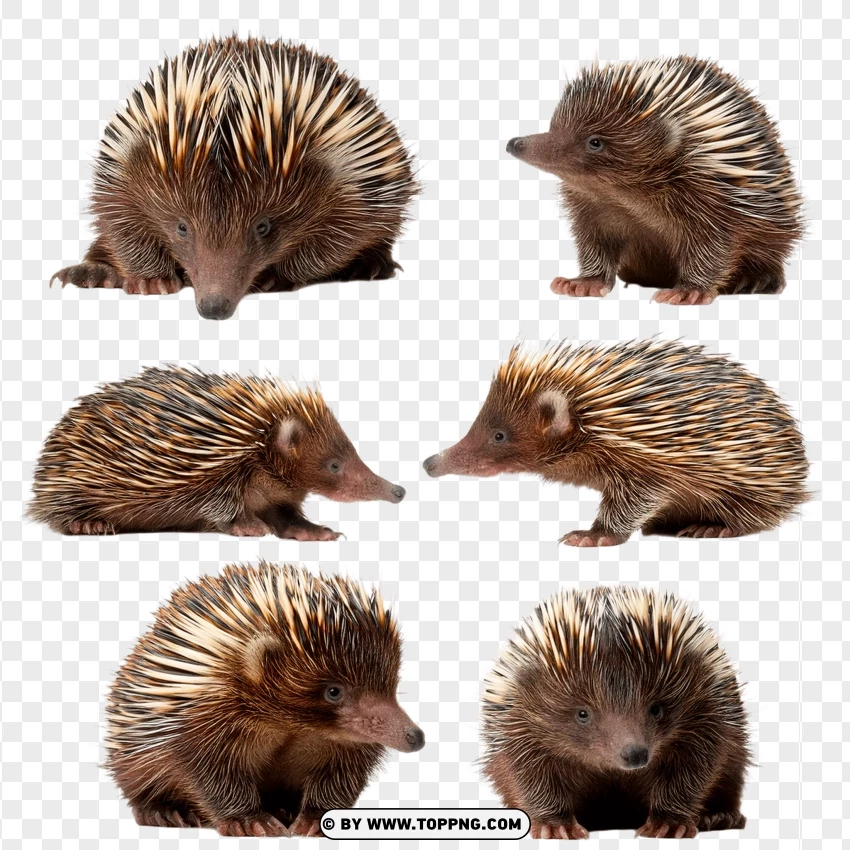 Set Of Echidnas Displaying Various Natural Poses PNG Transparent Background