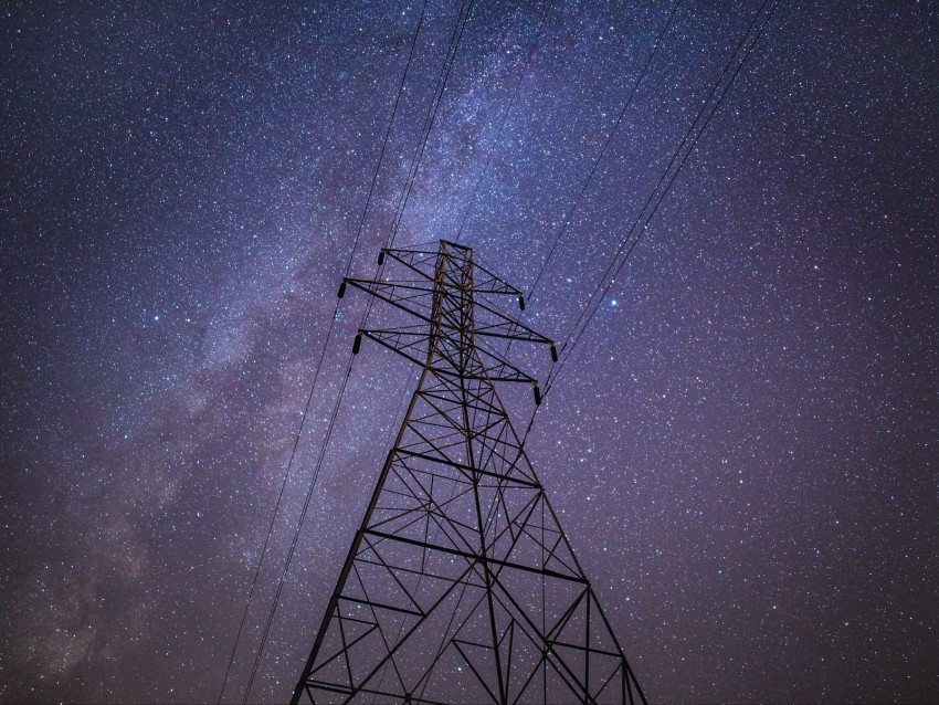 electrical tower, high-voltage, starry sky, wires, electricity, voltage, night