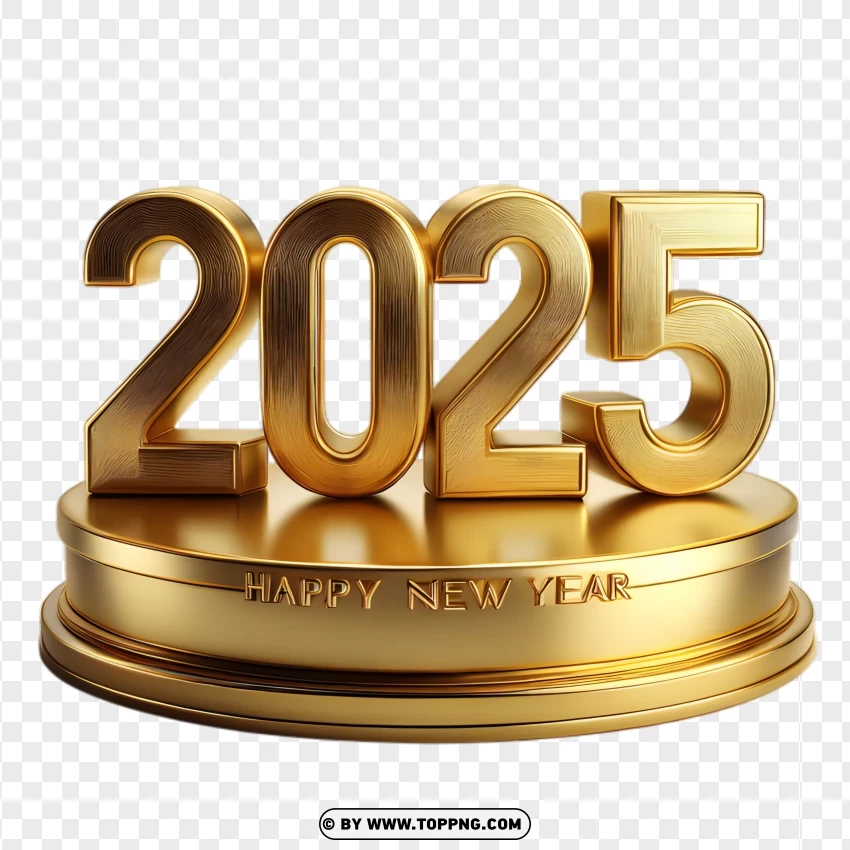 Elegant 2025 Happy New Year Pedestal Design With Gold Metallic Finish PNG Transparent Background