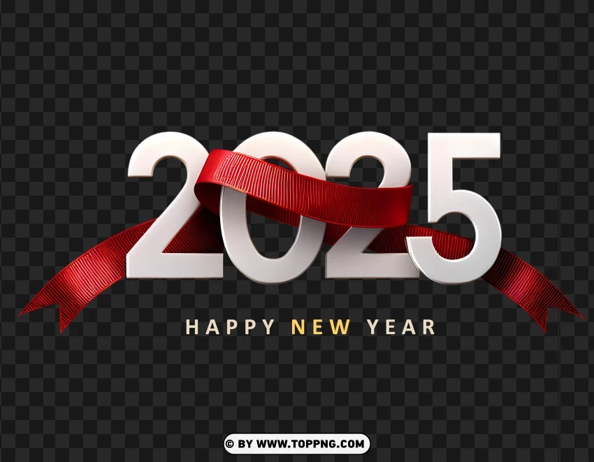 Elegant 2025 White And Red Ribbon Happy New Year Design PNG Transparent Background