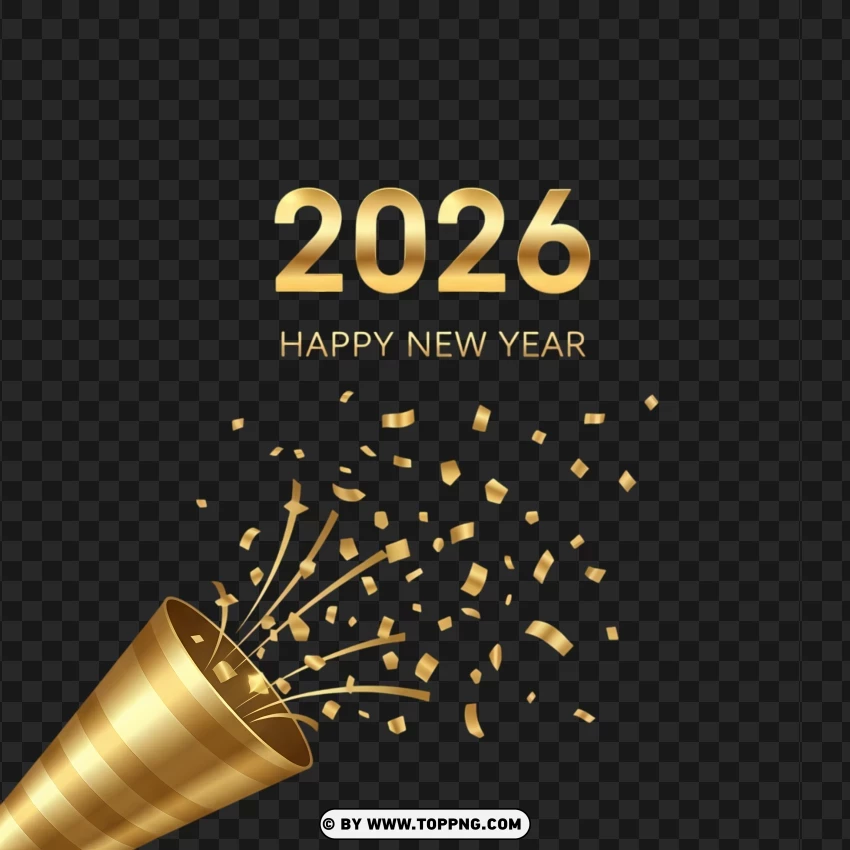 Elegant 2026 New Year Graphic With Gold Party Popper And Confetti PNG Transparent Background