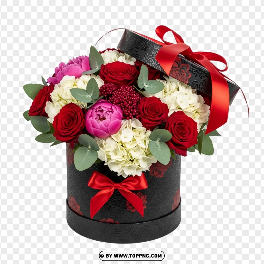 Elegant Bouquet In Black Round Gift Box PNG Transparent Background