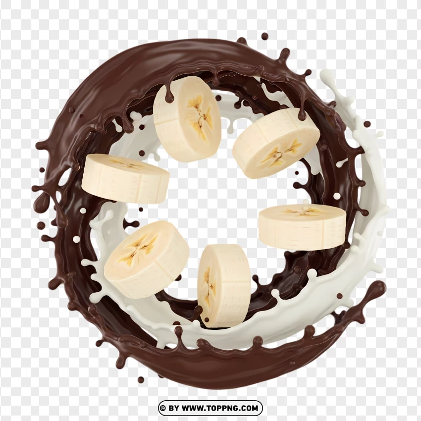 Elegant Chocolate Milk Swirl With Banana Slices PNG Transparent Background