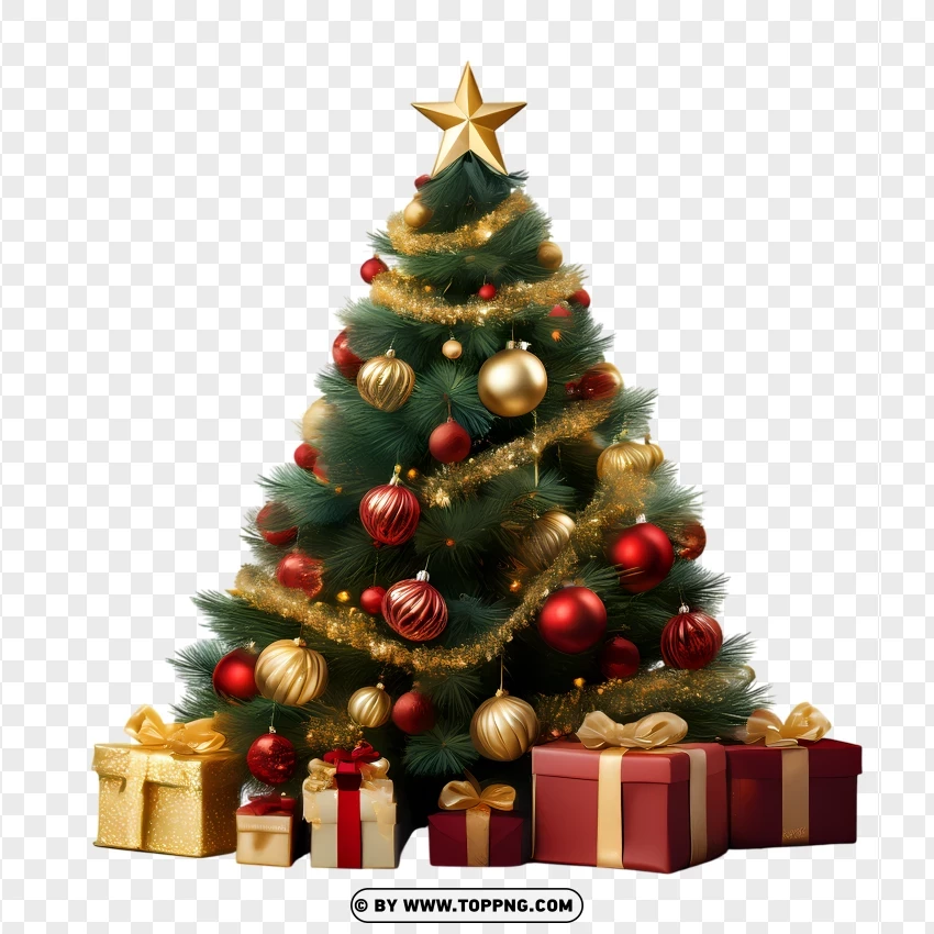 Elegant Christmas Tree With Golden And Red Ornaments PNG Transparent Background