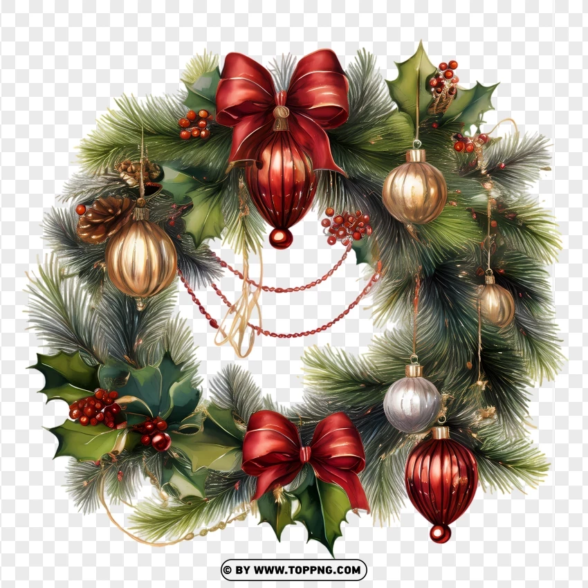 Elegant Christmas Wreath With Red Bow And Ornaments PNG Transparent Background