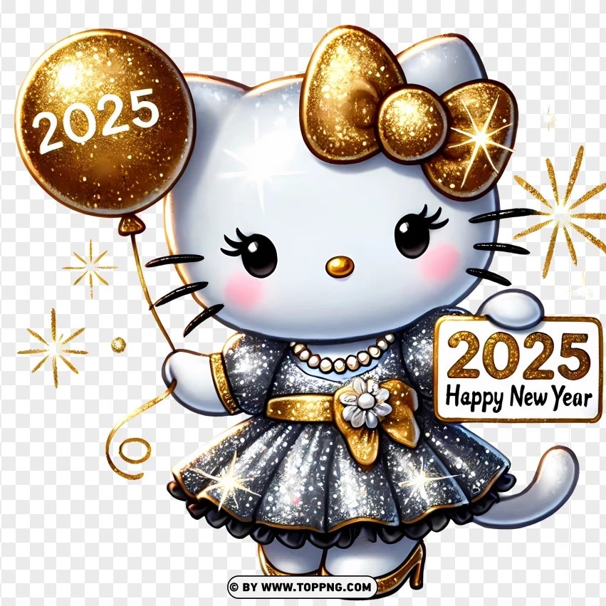 Elegant Hello Kitty In A Glamorous Party Dress Holding 2025 Balloons PNG Transparent Background