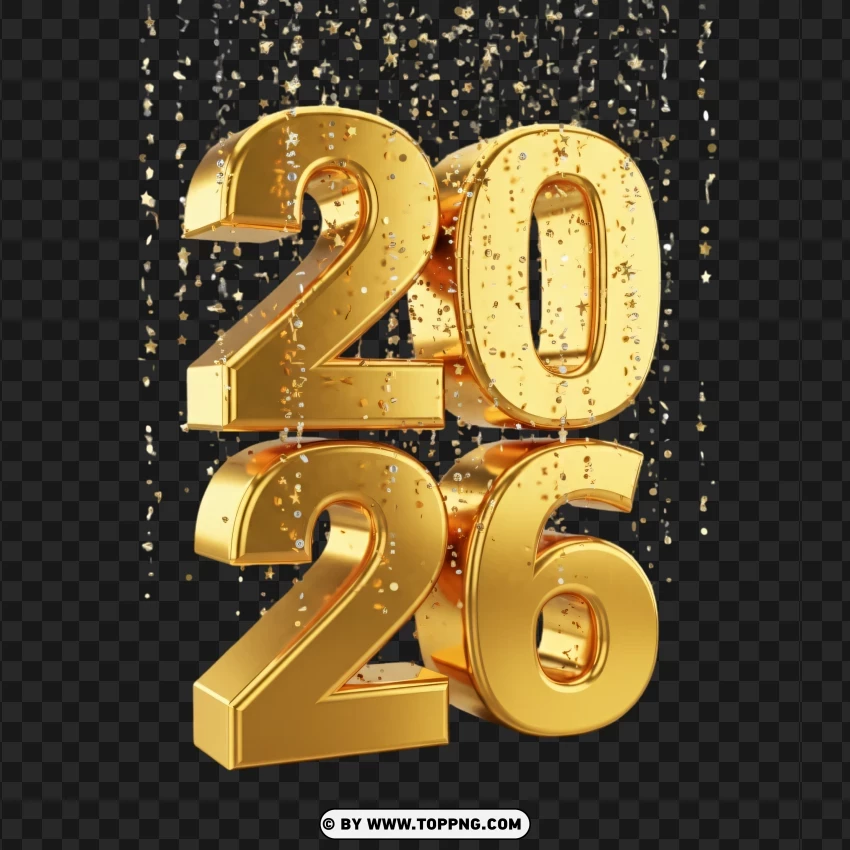 Elegant Premium 3d Gold 2026 Typography With Confetti PNG Transparent Background