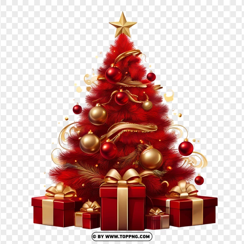 Elegant Red Christmas Tree With Gifts PNG Transparent Background