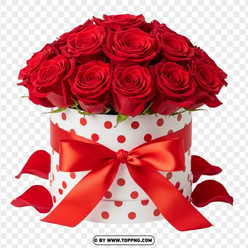 Elegant Red Roses In Polka Dot Gift Box Romantic PNG Transparent Background