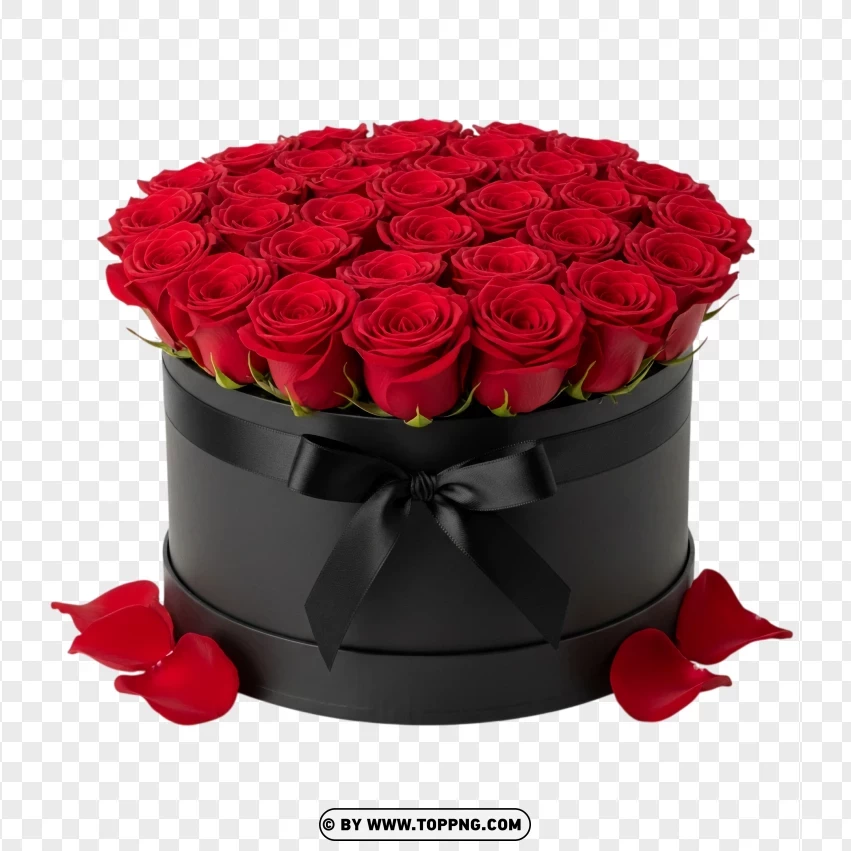 Elegant Red Roses In Round Black Gift Box PNG Transparent Background