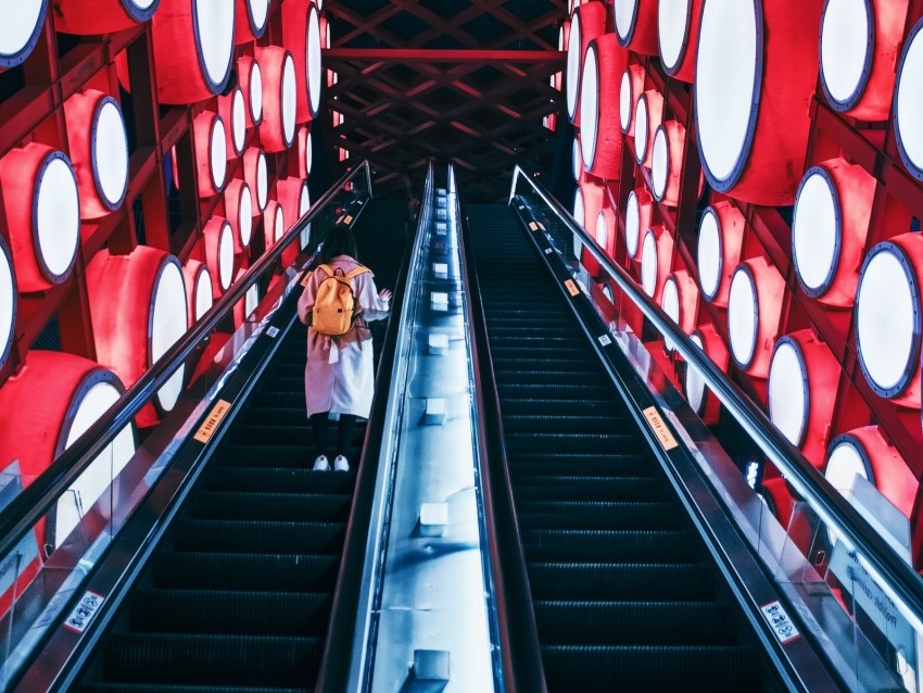 escalator, interior, lights, man, steps, red