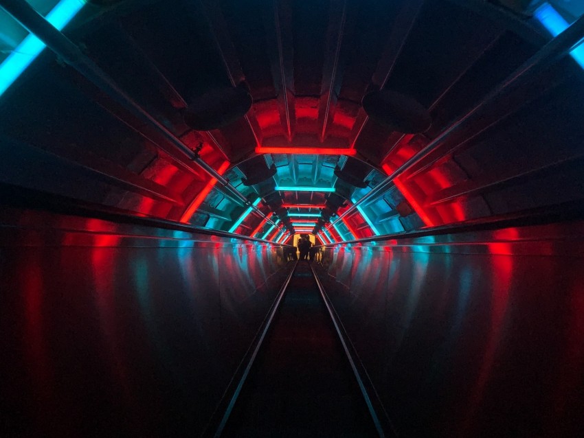 escalator, tunnel, dark, neon, blue, red