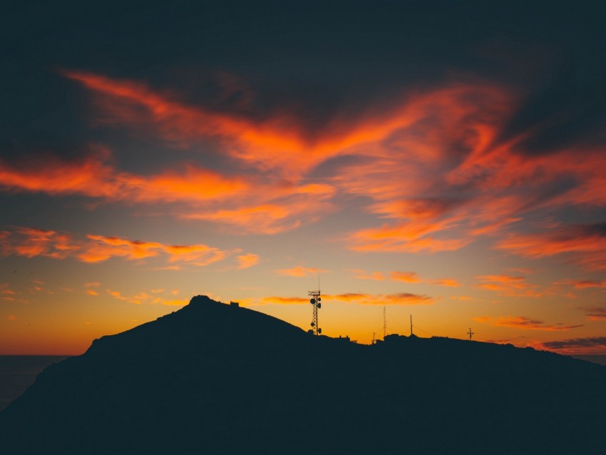 evening, hill, radio tower, clouds, outlines, dark
