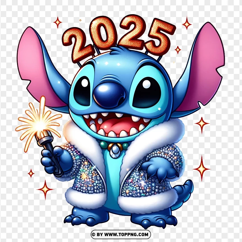 Excited Stitch Holding Sparklers For 2025 Celebration PNG Transparent Background