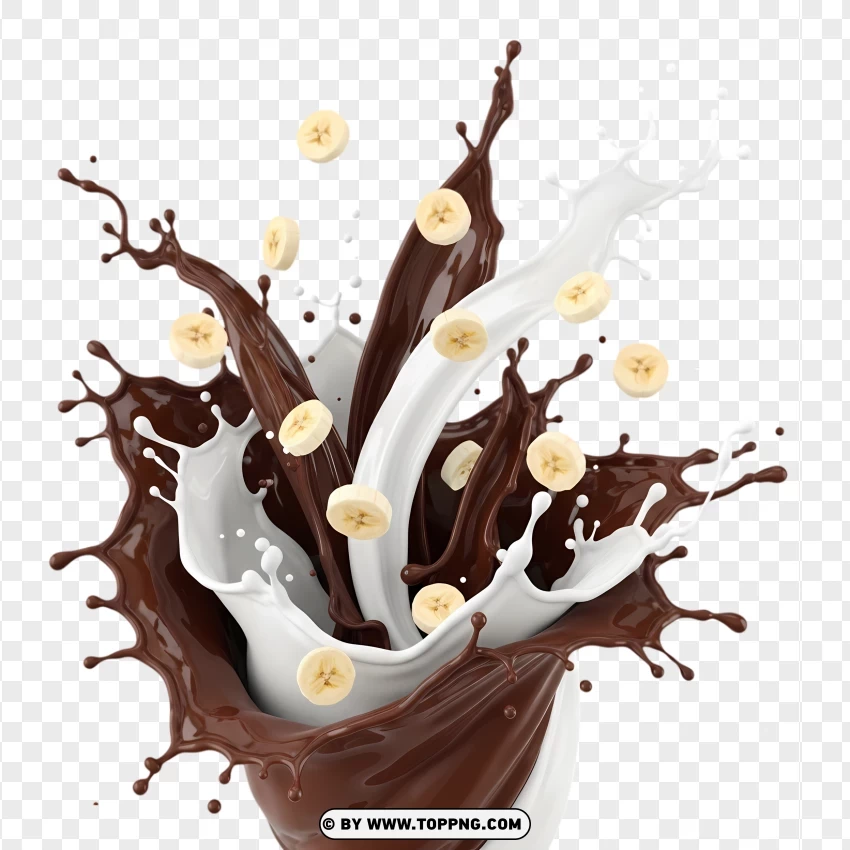 Explosive Milk Splash Around Banana And Chocolate PNG Transparent Background