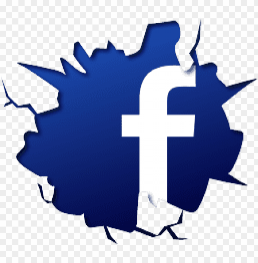 Blue Facebook logo bursting through a cracked wall, transparent background.