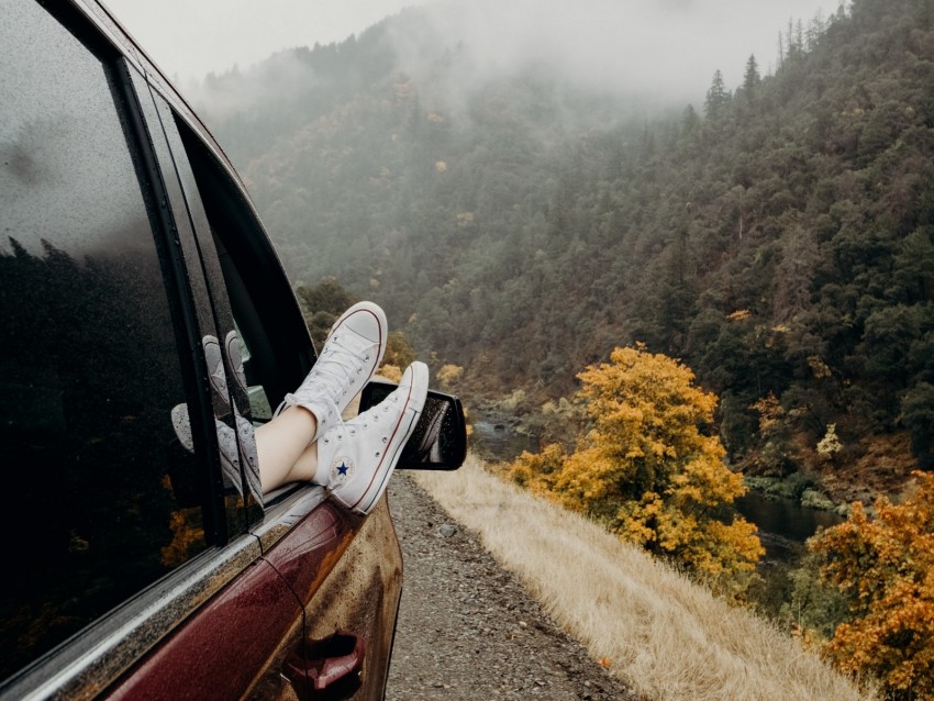 feet, sneakers, journey, fog, car