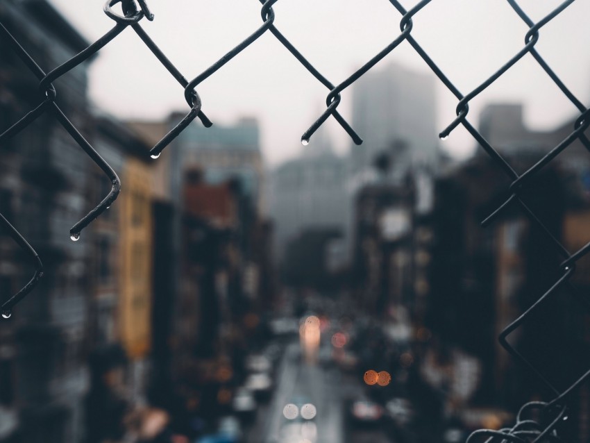 fence, grid, hole, rain, city, blur